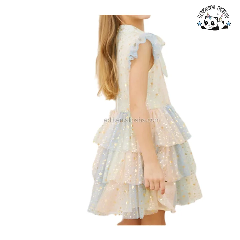 LEZONKIDS - 2024 OEM ODM Gold Star Foil Print Rainbow Bow High Collar Elegant Layers Girls Tulle Dress